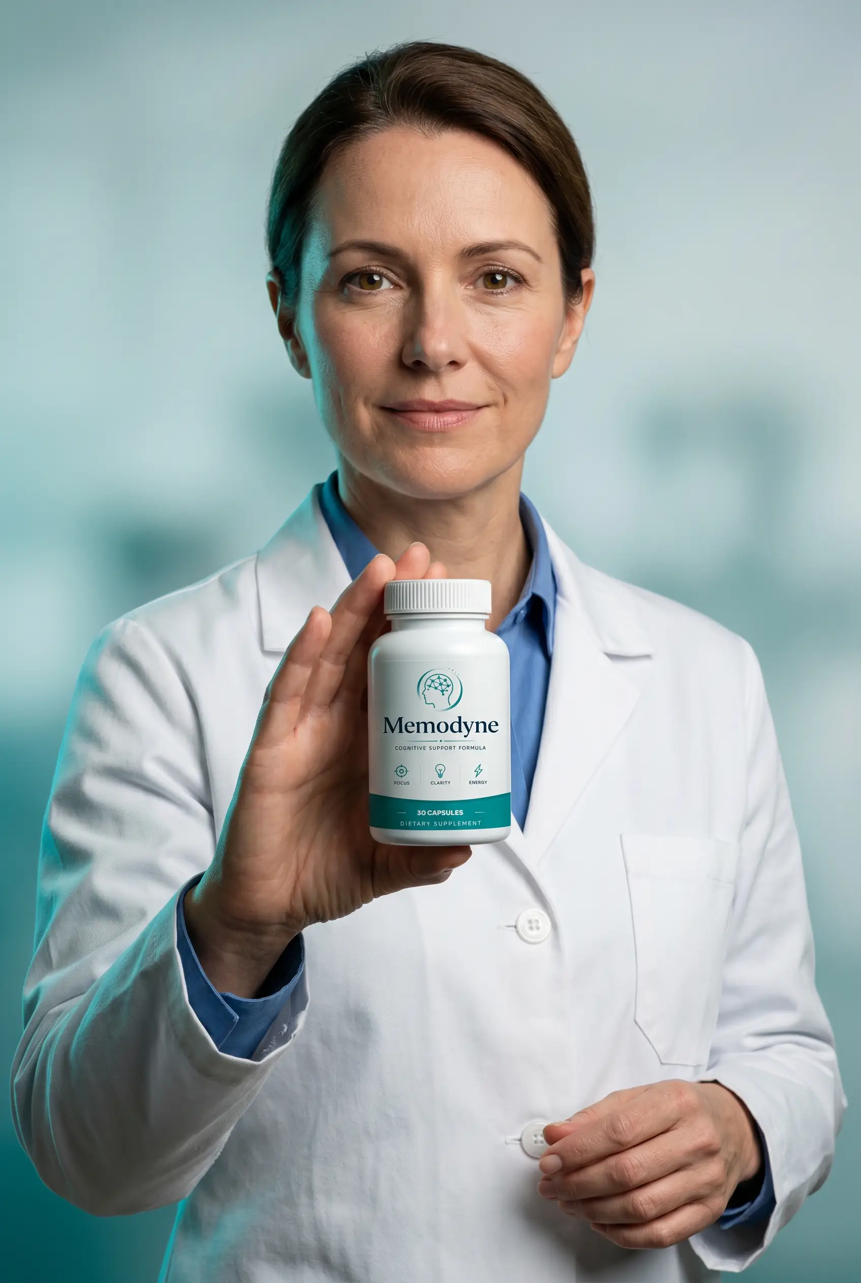 Doctor holding Memodyne bottle